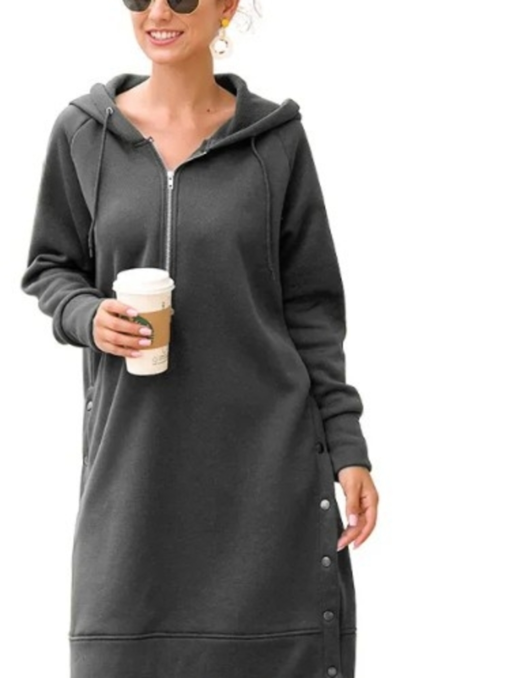 Coco + Carmen Charcoal Zip-Front Hooded Sweatshirt Dress